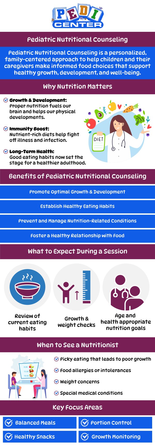 Pediatric nutritional counseling provides tailored guidance to support healthy growth and development in children. It addresses unique dietary needs to promote overall well-being. At Pedi Center Urgent Care, our team offers comprehensive nutritional counseling services to help families make informed choices about their child's diet. For more information, contact us or schedule an appointment online. We are conveniently located at Niles Street, and Wible Road in Bakersfield, CA. Pediatric nutritional counseling provides tailored guidance to support healthy growth and development in children. It addresses unique dietary needs to promote overall well-being. At Pedi Center Urgent Care, our team offers comprehensive nutritional counseling services to help families make informed choices about their child's diet. For more information, contact us or schedule an appointment online. We are conveniently located at Niles Street, and Wible Road in Bakersfield, CA.