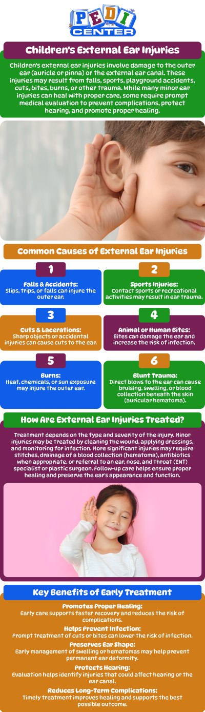 External ear injury treatment at Pedi Center Urgent Care provides safe and reliable care for children. We address ear lacerations, cuts, and other injuries with the utmost care, ensuring a quick recovery. Our pediatric team is dedicated to providing compassionate care for your child's needs. For more information, contact us or schedule an appointment online. We are located at Niles Street and Wible Road in Bakersfield, CA.