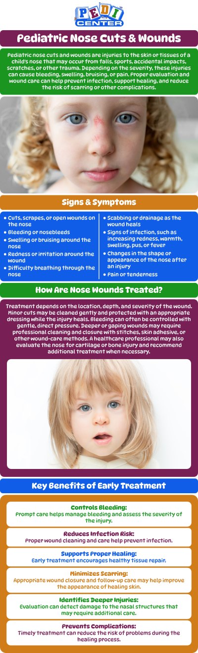 At Pedi Center Urgent Care, we offer specialized care for children with nose cuts and wounds. Whether your child has experienced a minor scrape or a more significant injury, our team is here to provide quick and effective treatment. We focus on minimizing discomfort and preventing complications, ensuring your child heals safely and efficiently. With our child-focused care, your child will receive the attention they need to recover from nose injuries with confidence. For more information, contact us or schedule an appointment online. We are conveniently located at 6055 Niles Street Bakersfield, CA 93306-4696.