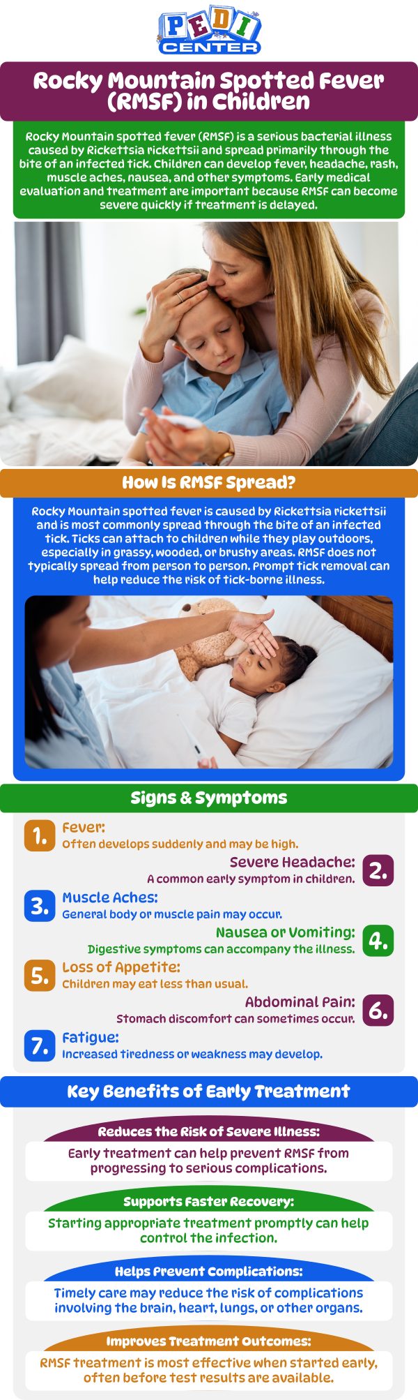 Common questions asked by patients: What is Rocky Mountain Spotted Fever (RMSF) in children? How is Rocky Mountain Spotted Fever diagnosed in children? What are the symptoms of Rocky Mountain Spotted Fever in children? How is Rocky Mountain Spotted Fever treated in children? For more information, contact us or schedule an appointment online. We are conveniently located at Niles Street, and Wible Road in Bakersfield, CA. We serve patients from Bakersfield CA, Maltha CA, Kayandee CA, Rosedale CA, Oildale CA, Lamont CA, and surrounding areas.