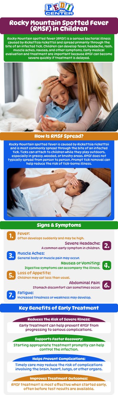 Common questions asked by patients: What is Rocky Mountain Spotted Fever (RMSF) in children? How is Rocky Mountain Spotted Fever diagnosed in children? What are the symptoms of Rocky Mountain Spotted Fever in children? How is Rocky Mountain Spotted Fever treated in children? For more information, contact us or schedule an appointment online. We are conveniently located at Niles Street, and Wible Road in Bakersfield, CA. We serve patients from Bakersfield CA, Maltha CA, Kayandee CA, Rosedale CA, Oildale CA, Lamont CA, and surrounding areas.