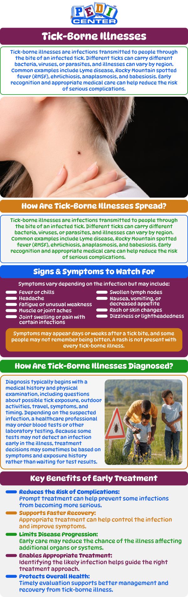 At Pedi Center Urgent Care, we are here to help you recognize the symptoms of tick-borne illnesses and provide timely care. Symptoms to watch out for may include fever, rash, and fatigue, which can indicate a tick-borne infection. Our skilled team offers accurate diagnosis and effective treatment to manage these conditions. For more information, contact us or schedule an appointment online. We are conveniently located at Niles Street, Bakersfield CA, and Wible Road Bakersfield CA.