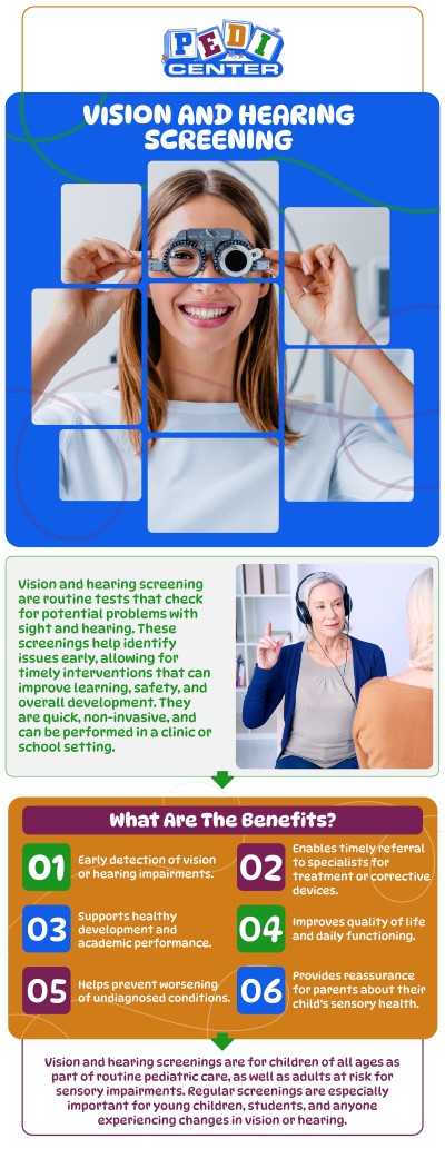 Pediatric vision and hearing screening detects early issues with a child’s sight or hearing to ensure proper development. Regular screenings help identify problems early, supporting better learning and overall well-being. At Pedi Center Urgent Care, our team offers comprehensive vision and hearing screenings to assess your child’s sensory health. For more information, contact us or schedule an appointment online. We are conveniently located at Niles Street, and Wible Road in Bakersfield, CA.